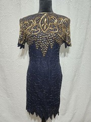 Vintage Silky Nites by Cherish Silk Royal Blue Beaded Evening Gown Size M
