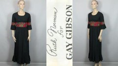 Vtg 70s RUTH NORMAN for GAY GIBSON Ethnic Embroidered Black Fit Flare Dress 9