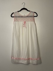 Vintage Mid Century Durelle White Chiffon Babydoll Nightie With Pink Ribbon M