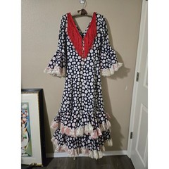 Traditional Vintage Spanish Flamenco Dress Navy Polka Dot Fringe Ruffle size XS