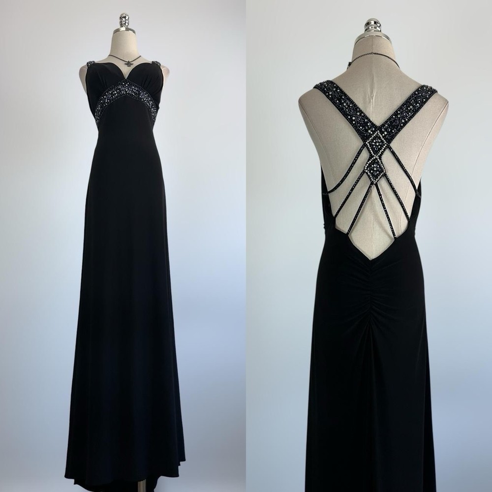 Vintage 90s Y2K Bebe Grail Beaded Strappy Back Butt Scrunch PROM Gown Dress