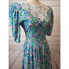 Expo Floral Dress 8 Vintage 80s USA Cottagecore Cottage Prairie Lace Shabby MIdi