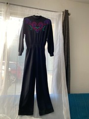 Vintage 80s 90s Black Embroidered Bling Jumpsuit Romper One Piece Retro Medium