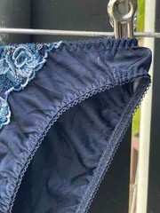 Vintage Silky Navy Polyester Nylon Panties Sheer Lace Hi Cut Bikini Briefs SZ.5