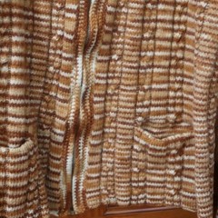 Vintage Handmade 70s Brown Plaid Chunky Knit Zip Cardigan Sweater LG