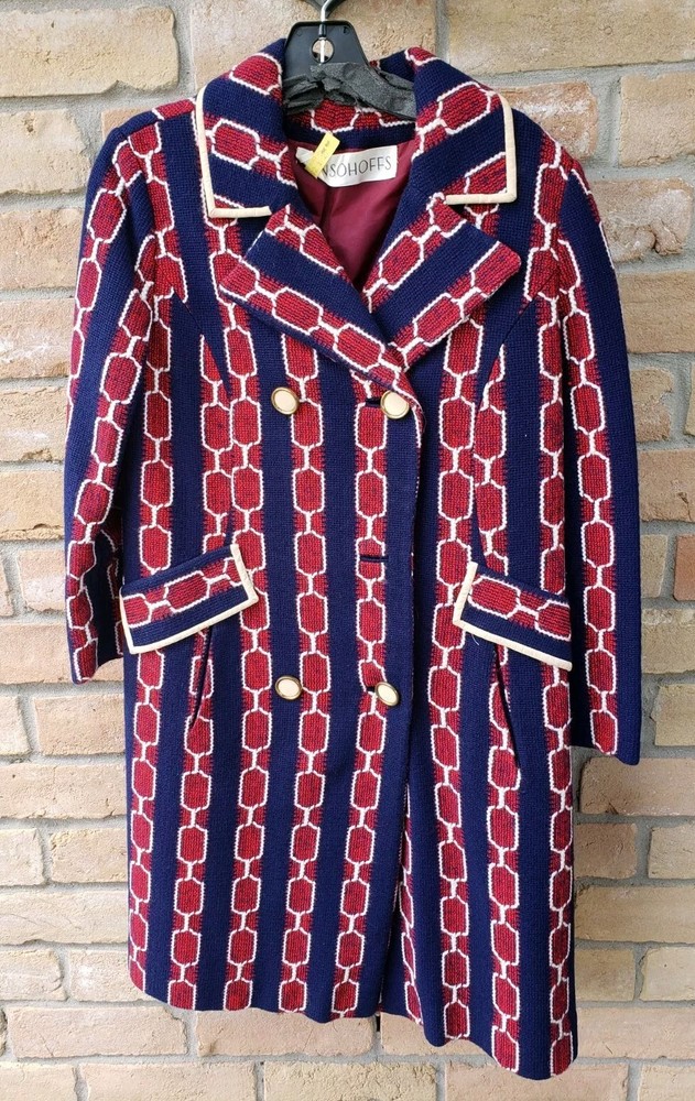 VTG 60s MOD Red Blue Tapestry Coat Sz S? Swing MCM Union Go-Go Groovy Baby FLAWS