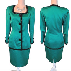 VTG 90s D’ore Della Roufogali Green Satin Beaded Skirt Suit Set 6 Event Gala MCM