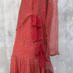 Antique 1920s Red Silk Chiffon Dress Polka Dot Asymmetrical Bow Marjone Vintage