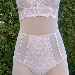 Granny Panties Nylon Pastel Pink Floral Guipure Lace Nude Beige Mushroom Sissy M