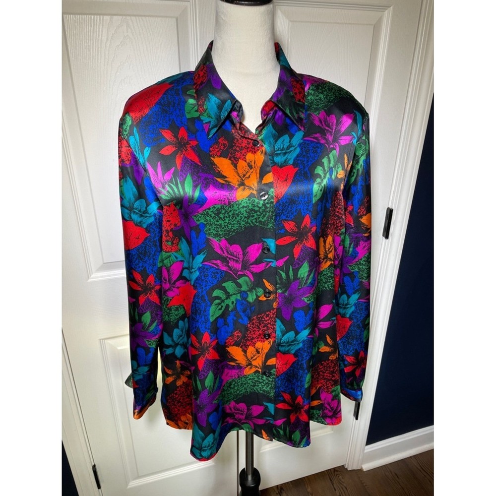 Vintage Notations Silk Vibrant Multicolor Floral & Tiger Button-Down Shirt Sz22W