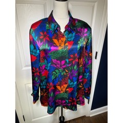 Vintage Notations Silk Vibrant Multicolor Floral & Tiger Button-Down Shirt Sz22W