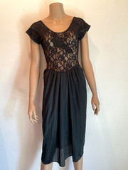 Vintage Black Lace Silky Nylon Nightgown Slip Gown