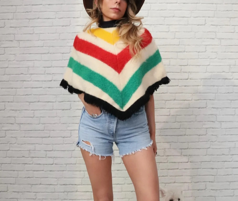 60s Hudson’s Bay Poncho | XS XXS Size | Vintage Cropped Wool Fringe Capelet
