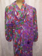 Vintage 80’s Purple Red Green Blue Silky Poly Designer Dress Diane Freis L