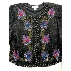 Laurence Kazar Lg Silk Beaded Sequin Jacket Vintage Black Floral Evening Women