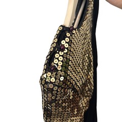 Vtg 80s Susan Roselli Vijack Black Gold Sequin Dress Asymmetrical Ruching XS S