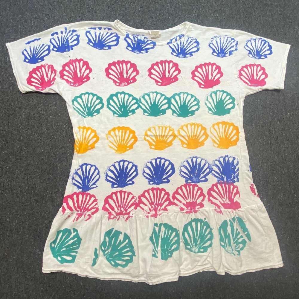 Adonna Leisurewear Seashell Print Nightgown OS Womens White 90s Coastal Ruffle