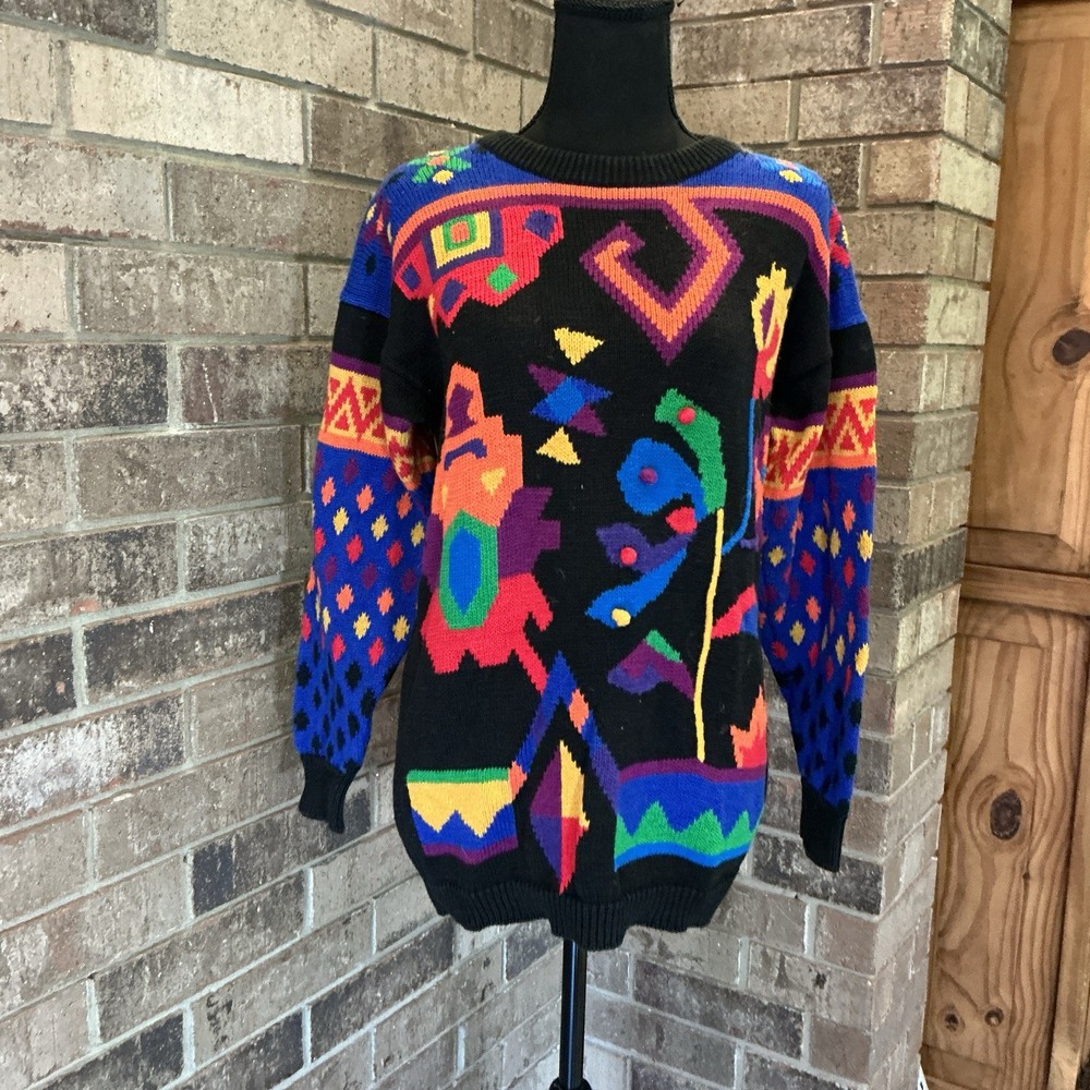80s VINTAGE Rafaella Multicolor Abstract Knit Sweater Ramie Cotton Size S #50E7