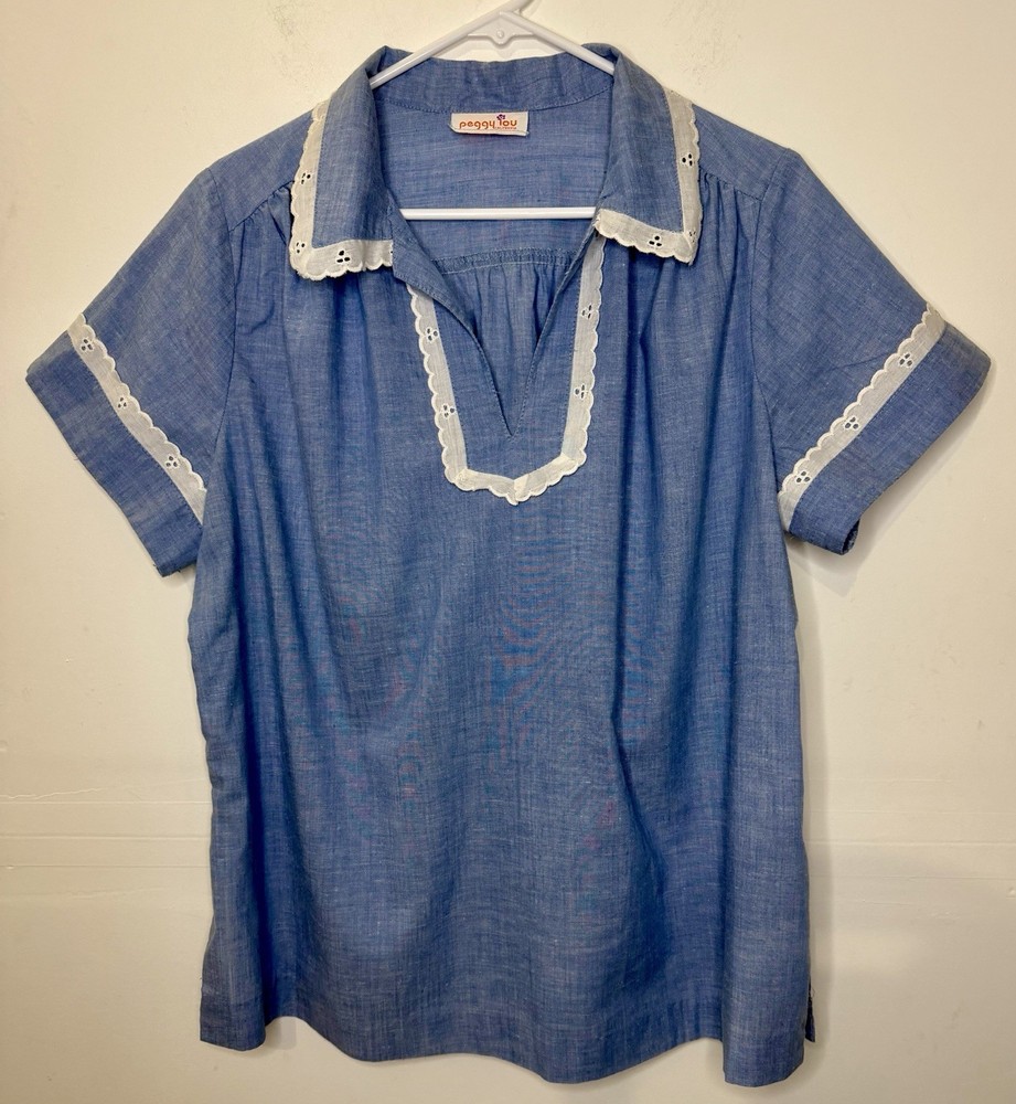 VTG Peggy Lou California Blouse Blue Chambray Eyelet Lace Womens Top