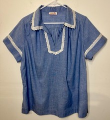 VTG Peggy Lou California Blouse Blue Chambray Eyelet Lace Womens Top
