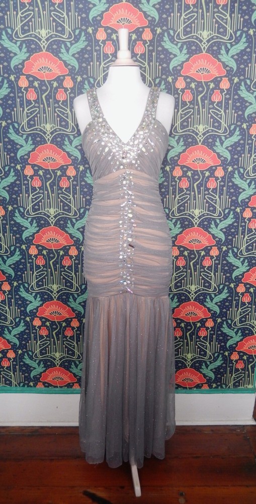 Vintage Y2K Gray Beige Glitter Tulle Pleated Crystal Mesh Ruched Prom Hoco Dress