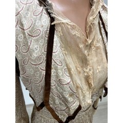 Antique Victorian Beige Printed Silk Two Piece Set Velvet Trim Net Lace Smocking