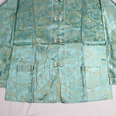 Vintage 50s Brocade Silk Tang Jacket Sz Sm Garden Scene Turquoise NEWLOOK Label