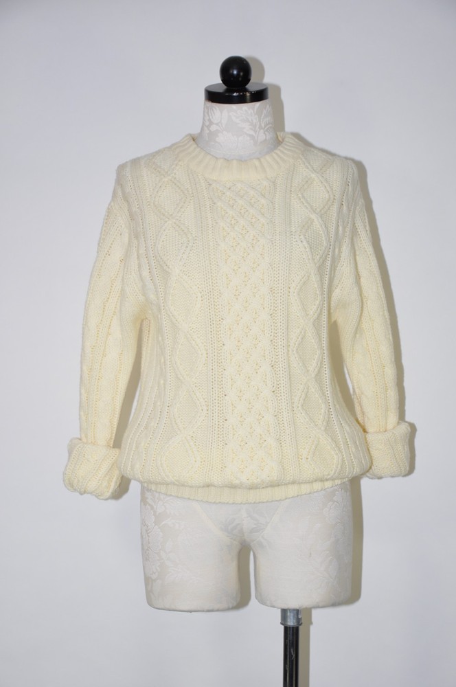 70s Vintage Cream Acrylic Chunky Cable Knit Crewneck Fisherman Sweater Women S M