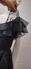 1970s Disco Cocktail Dress Off The Shoulder Black Organza Sheer Belted Early 80s