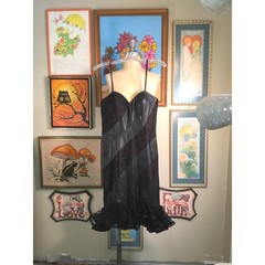 1980s Karen Okada Climax Leather and Lace Mini Dress Black Spaghetti Strap Gown