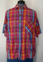Vintage Honors Oversized S/S Pink Plaid Button Down Top Size Large