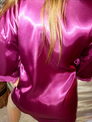 VTG SATIN SHINY POPPING MAGENTA PINK SHORTY BABYDOLL NIGHTIE BOUDOIR ROBE 2X 48
