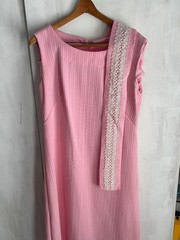 Vintage 60s 70s Pink Ribbed Mod Maxi Long Sheath Dress Crochet Lace Belt M/L