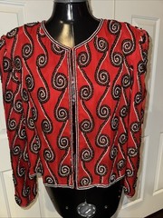 Vintage Stenay Beaded 100% Silk Jacket Bolero Evening Cocktail Red Black Size PL