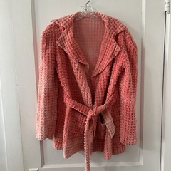 Vintage Coral Pink Chenille Jacket Coat Blazer With Waist Tie