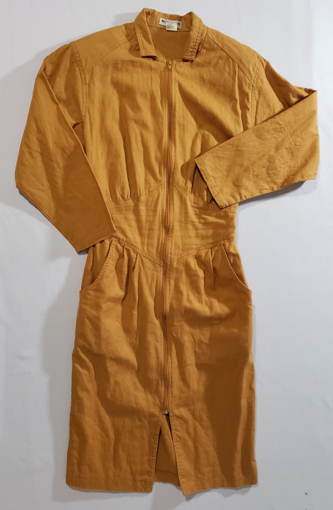 Vtg Nok Nok Dress M Mustard Yellow Long Sleeve Full Zip Pockets Ramie Cotton *