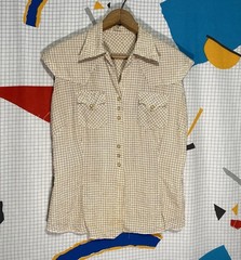 Vintage 40s Pearl Snap Western Shirt 36 Loop Collar Sleeveless Rockabilly Check