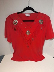 Red Vintage Western Rodeo Shirt w/Concho Fringe Sz Lrg sassa