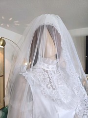 Vtg Wedding Dress Bridal Originals 70s White Long Sleeve w/ Blushing Veil
