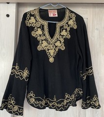 Vtg 70s Womens Greek Folk Bell Shirt Despotidis Embroidered Black Gold Size 4