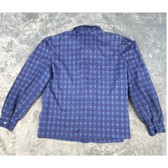 Ragazza Vtg 80s Blue Geometric Diamond Bow Tie Neck Button Up Secretary Blouse