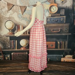 Vintage 1970s Maxi Dress Sundress Pink and White Gingam Check Ruffled V-Neck