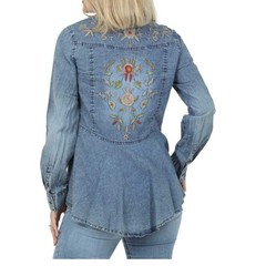 NOSTALGIA Button Up Cotton Denim Embroidered Long Sleeve Western Top size Large