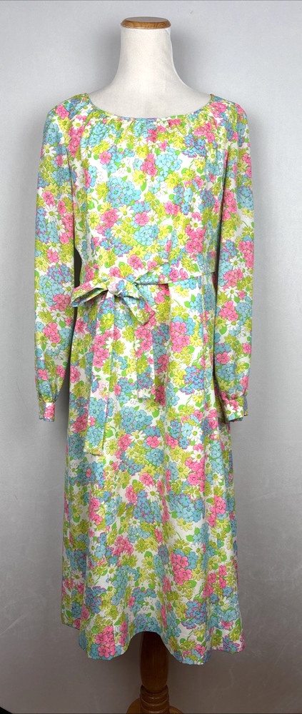 Posh Jay Anderson Vintage Dress Women’s 16 Midi Retro Colorful Floral Belt Tie