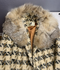 Vtg 70s Rothmoor Tapestry Tweed Wool Coat Fur Collar Ivory Classic Retro No Tag