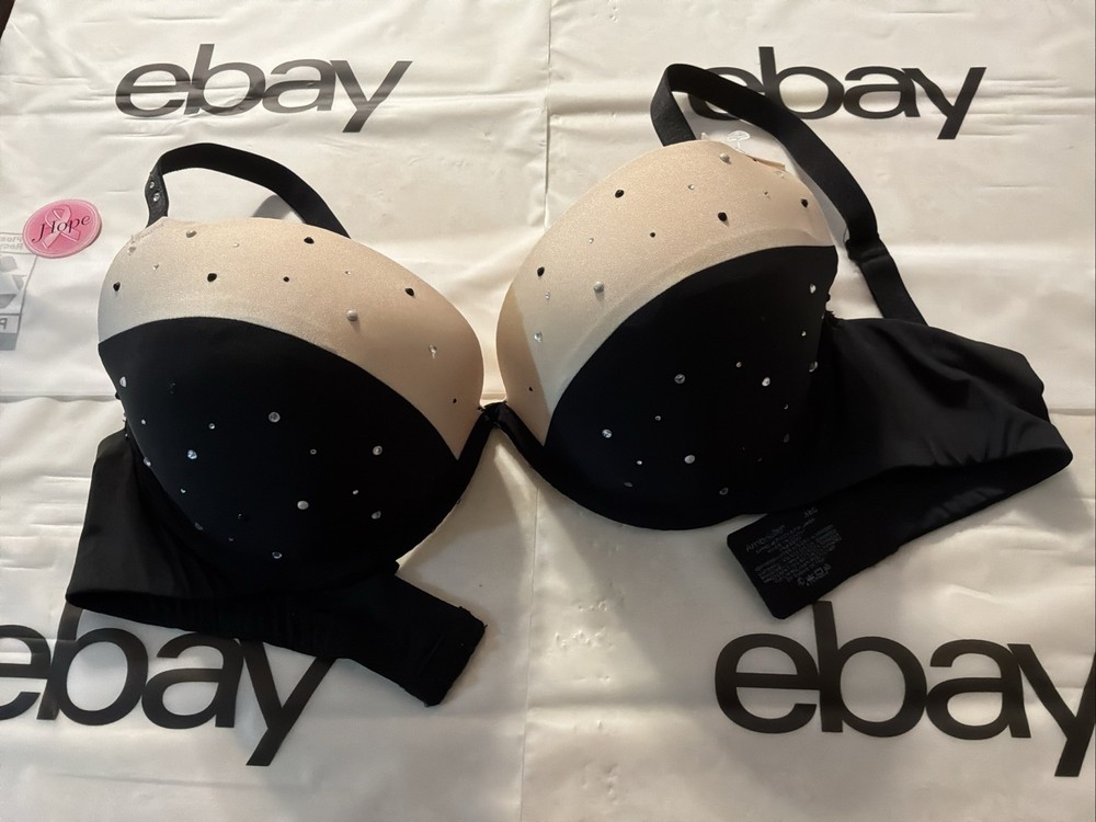 VTG Ambrielle Extreme PushUp UW Solid Black/Tan (Ivory) Rhinestones NWT Sz 38C