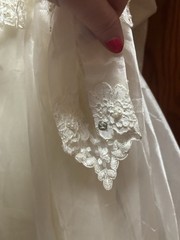 Vintage Size 10 Wedding Dress, Puffed Sleeves, High Neck, Long Train