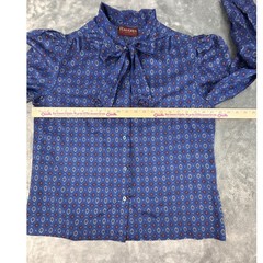 Ragazza Vtg 80s Blue Geometric Diamond Bow Tie Neck Button Up Secretary Blouse