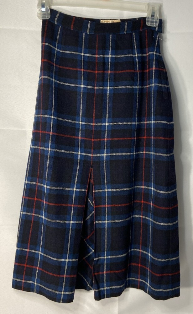 Vintage Plaid Wool Skirt by Pendleton Blue Red Black White 22 IN Waist