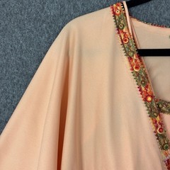 Vintage 70s Peach Capelet Maxi Dress Flutter Sleeve Floral Embroidery Boho Peach